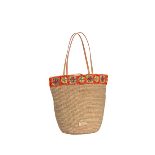 Sac porté épaule avec broderie multicolore en crochet raphia - SIXTIZOA Thé / Multico Vif
