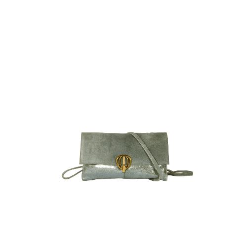 Pochette porté travers cuir velours avec rabat irisé et fermoir montgolfière - LONGILUX Sauge