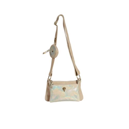 Sac multipochettes porté travers en cuir et enduit brillant - HOLOCEPT Beige