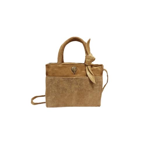 Mini Cabas tendance cuir velours poche et noeud irisé  - NOEMY Camel