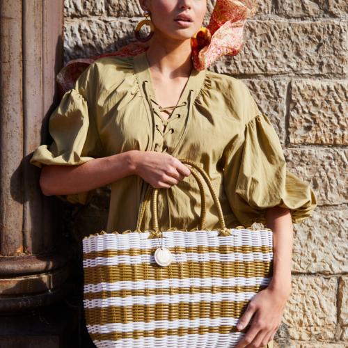 Panier Scoubidou bicolore glamour à rayures - LUXIDOU Pêche Medium