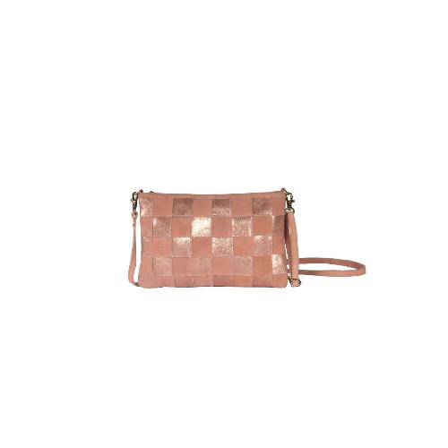 Sac porté travers en cuir irisé effet tressé damier - LUMIERE DAMIER Rose poudré