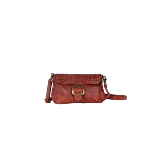 Porté travers cuir tendance forme baguette boucle et rabat tressé - ALBERT Ardillon Cognac