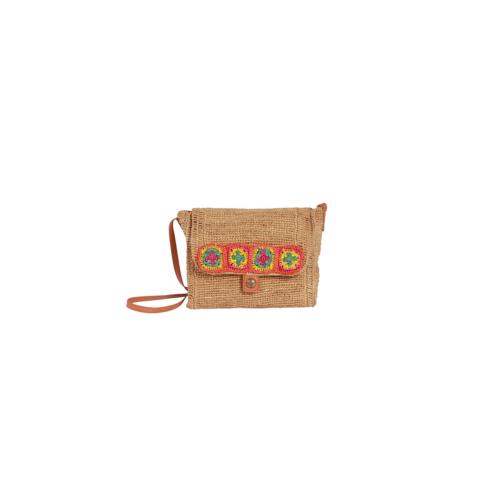 Sac porté travers avec broderie multicolore en raphia crochet - IBIZOA Thé / Multico Vif