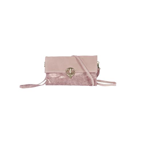 Pochette porté travers cuir velours avec rabat irisé et fermoir montgolfière - LONGILUX Rose poudré