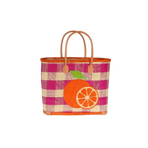 Panier en rabane à carreaux décoré de fruits brodés - JOLIFRUIT Orange